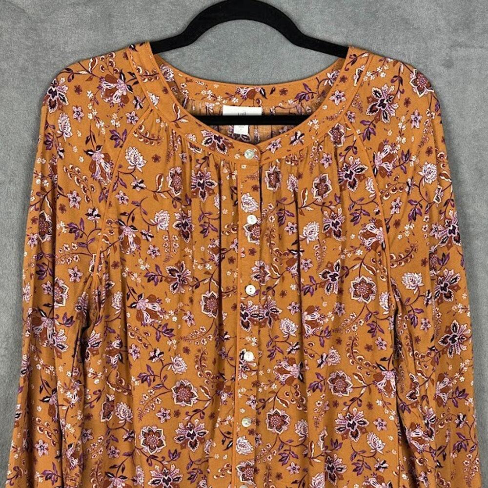 J Jill Top Womens Large Brown Floral Button Down Long Sleeve Preppy Career Boho - Picture 2 of 12